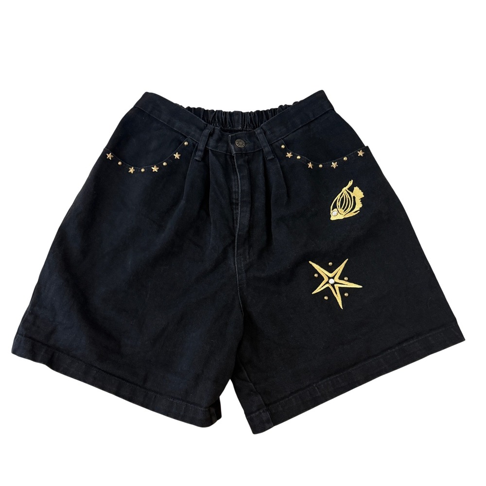 Vintage 90s Shorts Womens M Denim Black High Waist Studded Seashell Appliques
